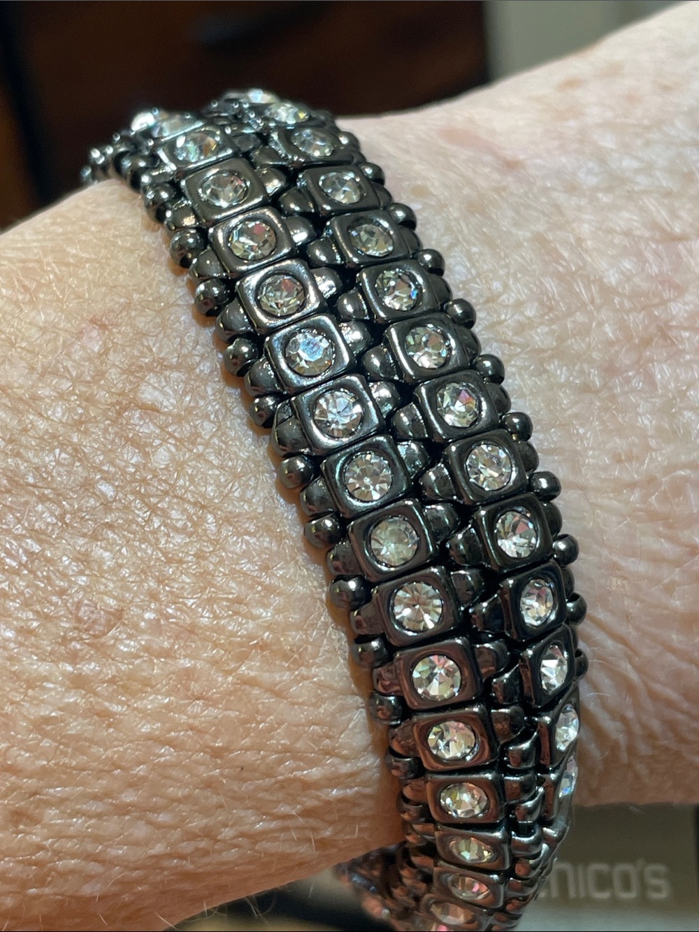 Chico's Hematite Tone Crystal Stretch Bracelet - Silver Clear Crystals